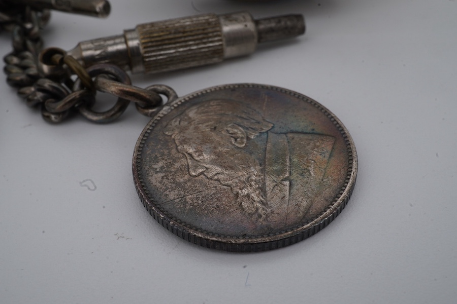 A late 19th century Swiss 935 standard white metal open faced 'The Midland Lever' key wind pocket watch, retailed by J.G. Graves, Sheffield, with Roman dial and subsidiary seconds, case diameter 52mm, together with a sil